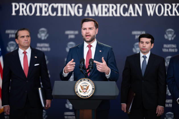 Vice President JD Vance gives remarks during an announcement in the South Court Auditorium of the Eisenhower Executive Office Building (EEOB) next to the White House in Washington, DC, on Thursday, October 8, 2026. The Trump administration said Thursday that it would suspend an immigration program for multiple tech firms, including Microsoft Corp., alleging widespread abuse of a worker visa system.  WASP20261008105 AaronxSchwartz
