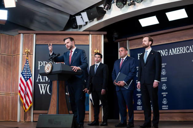 Vice President JD Vance gives remarks during an announcement in the South Court Auditorium of the Eisenhower Executive Office Building (EEOB) next to the White House in Washington, DC, on Thursday, October 8, 2026. The Trump administration said Thursday that it would suspend an immigration program for multiple tech firms, including Microsoft Corp., alleging widespread abuse of a worker visa system.  WASP20261008108 AaronxSchwartz