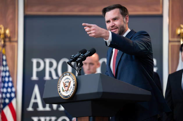 Vice President JD Vance gives remarks during an announcement in the South Court Auditorium of the Eisenhower Executive Office Building (EEOB) next to the White House in Washington, DC, on Thursday, October 8, 2026. The Trump administration said Thursday that it would suspend an immigration program for multiple tech firms, including Microsoft Corp., alleging widespread abuse of a worker visa system.  WASP20261008109 AaronxSchwartz