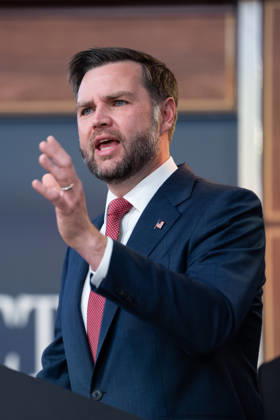 Vice President JD Vance gives remarks during an announcement in the South Court Auditorium of the Eisenhower Executive Office Building (EEOB) next to the White House in Washington, DC, on Thursday, October 8, 2026. The Trump administration said Thursday that it would suspend an immigration program for multiple tech firms, including Microsoft Corp., alleging widespread abuse of a worker visa system.  WASP20261008110 AaronxSchwartz