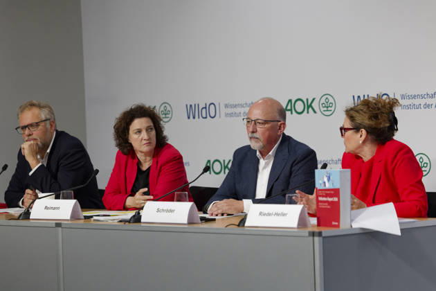 AOK-Fehlzeitenreport 2026 vorgestellt 2026-10-08 Deutschland, Berlin PressekonferenzFehlzeiten-Report 2026 des AOK-Bundesverbands und des Wissenschaftlichen instituts der AOK (WIsO). Im Bild v. l. Kai Behrens, AOK-Pressesprecher, Dr. Carola Reimann, Vorstandsvorsitzende AOK-Bundesverband, Helmut Schröder, Geschäftsführer des Wissenschaftlichen Instituts der AOK und Mitherausgeber des Reports, Prof. Dr. med. Steffi G. Riedel-Heller, MPH, Direktorin des Instituts für Sozialmedizin, Arbeitsmedizin unbd Publich Health der Universität Leipzig sowie Mit-Autorin des Fehlzeiten-Reports 2026.