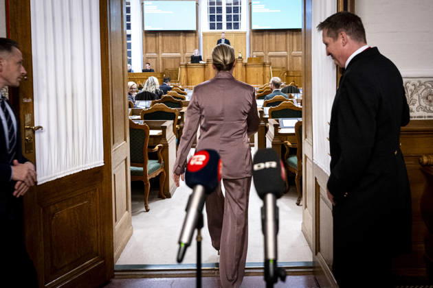 Denmark Opening Debate Denmarks Prime Minister Mette Frederiksen answers questions after the opening debate of the Danish Parliament, Folketinget, at Christiansborg Castle in Copenhagen, Thursday, October 8, 2026. (Photo: Nils Meilvang Scanpix 2026) , Copenhagen Denmark Copyright: NILSxMEILVANG NilsxMeilvangx spdk20261008-193054-L