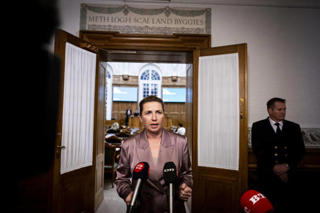 Denmark Opening Debate Denmarks Prime Minister Mette Frederiksen answers questions after the opening debate of the Danish Parliament, Folketinget, at Christiansborg Castle in Copenhagen, Thursday, October 8, 2026. (Photo: Nils Meilvang Scanpix 2026) , Copenhagen Denmark Copyright: NILSxMEILVANG NilsxMeilvangx spdk20261008-192604-L
