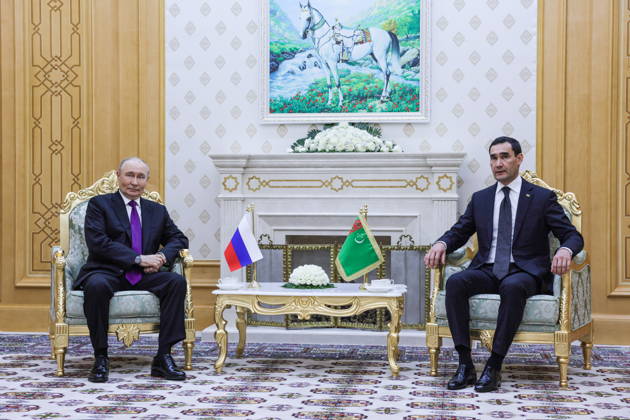 TURKMENISTAN, BALKAN PROVINCE - OCTOBER 8, 2026: Vladimir Putin (L), President of Russia, and his counterpart Serdar Berdimuhamedow of Turkmenistan hold a bilateral meeting in Turkmenbasy. Gavriil Grigorov Russian Presidential Press and Information Office TASS  98961219