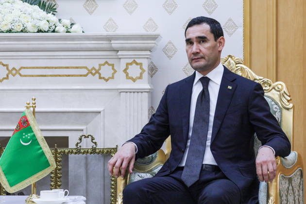 TURKMENISTAN, BALKAN PROVINCE - OCTOBER 8, 2026: Serdar Berdimuhamedow, President of Turkmenistan, attends a bilateral meeting with his counterpart Vladimir Putin in Turkmenbasy. Gavriil Grigorov Russian Presidential Press and Information Office TASS  98961312