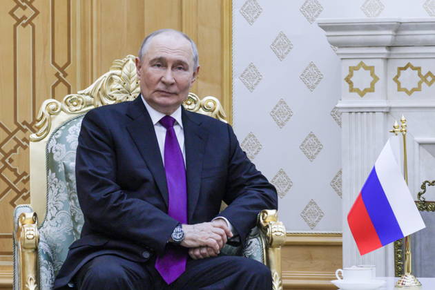 TURKMENISTAN, BALKAN PROVINCE - OCTOBER 8, 2026: Vladimir Putin, President of Russia, attends a bilateral meeting with his counterpart Serdar Berdimuhamedow of Turkmenistan in Turkmenbasy. Gavriil Grigorov Russian Presidential Press and Information Office TASS  98961256
