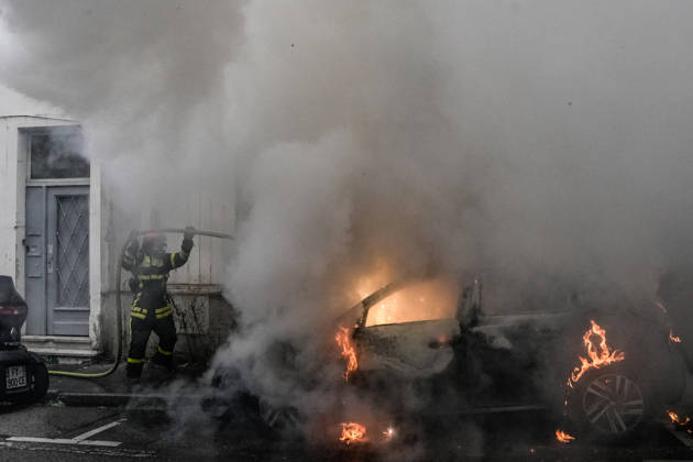 Police clash with students during education protest in Nancy NANCY, FRANCE - OCTOBER 8: Teams are deployed to extinguish the fire as students stage a protest against education conditions in Nancy, France, on October 8, 2026. High school students across the country took part in a nationwide mobilization to demand greater educational resources and improved school conditions. Muhammed Said Tako Anadolu Nancy France. Editorial use only. Please get in touch for any other usage.  Copyright: x2026xAnadoluxMuhammedxSaidxTakox