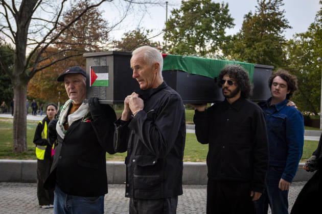 Pro-Palestine Silent Funeral Procession Central London, October 8, 2026 A pro-Palestine silent funeral procession took place in Central London, with demonstrators walking in silence to remember Palestinians killed in the conflict in Gaza. Participants carried Palestinian flags and placards, while some held a coffin and others carried effigies wrapped in burial shrouds, symbolising those killed in the conflict., Credit:Zak Irfan Avalon Copyright: xZakxIrfanx xAvalonx 1141548407