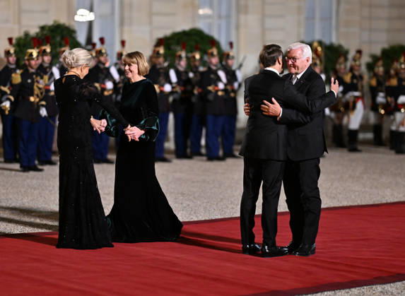 Emmanuel Macron - Frank-Walter Steinmeier meeting in Paris PARIS, FRANCE - OCTOBER 8: French President Emmanuel Macron (2nd R) and French First Lady Brigitte Macron (L) welcome German President Frank-Walter Steinmeier (R) and German First Lady Elke Budenbender (2nd L) for a state dinner at the Elysee Palace in Paris, France on October 8, 2026. Mustafa Yalcin Anadolu Paris France. Editorial use only. Please get in touch for any other usage.  Copyright: x2026xAnadoluxMustafaxYalcinx