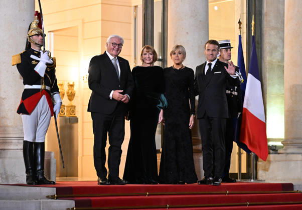 Emmanuel Macron - Frank-Walter Steinmeier meeting in Paris PARIS, FRANCE - OCTOBER 8: (L to R) German President Frank-Walter Steinmeier, German First Lady Elke Budenbender, French First Lady Brigitte Macron and French President Emmanuel Macron pose for a photo ahead of the state dinner at the Elysee Palace in Paris, France on October 8, 2026. Mustafa Yalcin Anadolu Paris France. Editorial use only. Please get in touch for any other usage.  Copyright: x2026xAnadoluxMustafaxYalcinx