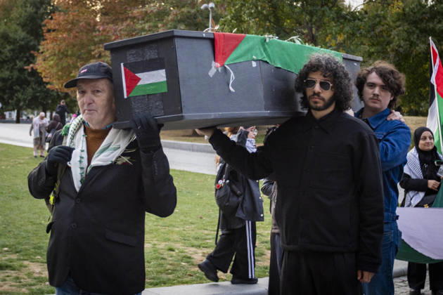 Pro-Palestine Silent Funeral Procession Central London, October 8, 2026 A pro-Palestine silent funeral procession took place in Central London, with demonstrators walking in silence to remember Palestinians killed in the conflict in Gaza. Participants carried Palestinian flags and placards, while some held a coffin and others carried effigies wrapped in burial shrouds, symbolising those killed in the conflict., Credit:Zak Irfan Avalon Copyright: xZakxIrfanx xAvalonx 1141557244