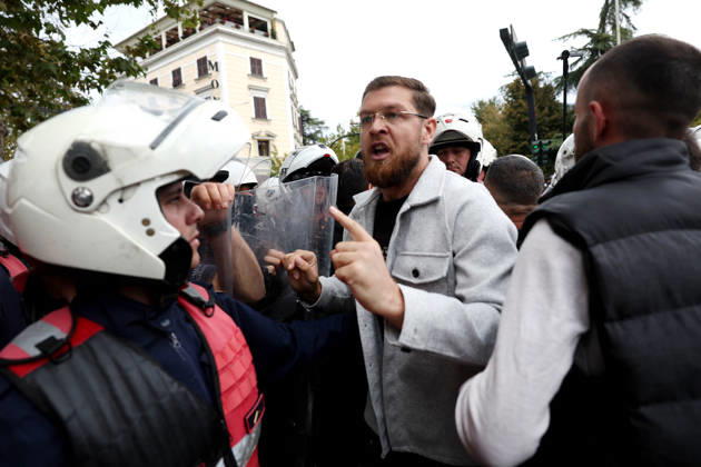 Demonstration Against the Proposed Territorial Reform in Tirana, Albania. Albanian protesters scuffle with anti-riot police during an anti-government protest against the government s administrative and territorial reform, in front of the Parliament building in Tirana, Albania, on October 8, 2026. Light Studio Agency Malton Dibra Tirana Albania Copyright: xLightxStudioxAgencyx xMaltonxDibrax