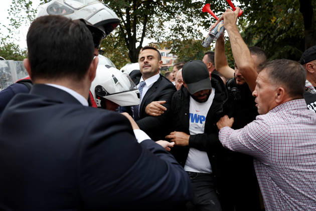 Demonstration Against the Proposed Territorial Reform in Tirana, Albania. Albanian protesters scuffle with anti-riot police during an anti-government protest against the government s administrative and territorial reform, in front of the Parliament building in Tirana, Albania, on October 8, 2026. Light Studio Agency Malton Dibra Tirana Albania Copyright: xLightxStudioxAgencyx xMaltonxDibrax