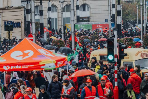 Protesters pictured during a national manifestation against the Federal Government s budgetary measures, under the Keep your hands out of our pockets! (Blijf uit onze zakken! - Pas dans nos poches) moniker, organised by the trade unions on Friday 9 October 2026 in Brussels.  EMILExWINDAL 189224954