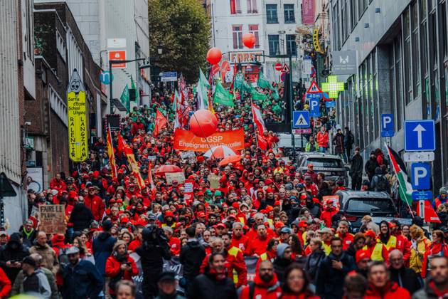 Protesters pictured during a national manifestation against the Federal Government s budgetary measures, under the Keep your hands out of our pockets! (Blijf uit onze zakken! - Pas dans nos poches) moniker, organised by the trade unions on Friday 9 October 2026 in Brussels.  EMILExWINDAL 189235783