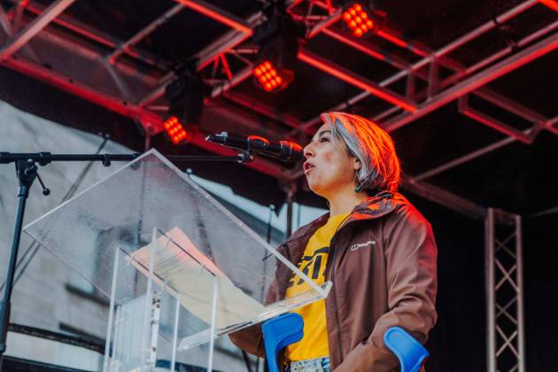 Nadia Cornejo speeches at a national manifestation against the Federal Government s budgetary measures, under the Keep your hands out of our pockets! (Blijf uit onze zakken! - Pas dans nos poches) moniker, organised by the trade unions on Friday 9 October 2026 in Brussels.  EMILExWINDAL 189235741