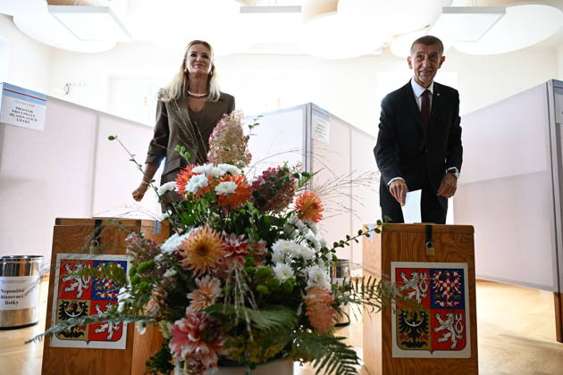 The two-day elections to municipal assemblies started in the Czech Republic together with the first round of the elections to one-third of the Senate, on October 9, 2026. On the photo votes Czech Prime Minister Andrej Babis (ANO) and his wife Monika Babisova, in Pruhonice, Czech Republic. (CTKxPhoto KaterinaxSulova) CTKPhotoP2026100904735  CTKPhotoP2026100904735