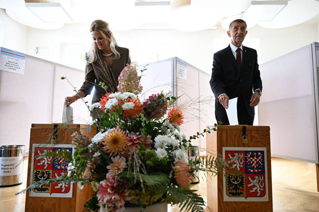 The two-day elections to municipal assemblies started in the Czech Republic together with the first round of the elections to one-third of the Senate, on October 9, 2026. On the photo votes Czech Prime Minister Andrej Babis (ANO) and his wife Monika Babisova, in Pruhonice, Czech Republic. (CTKxPhoto KaterinaxSulova) CTKPhotoP2026100904744  CTKPhotoP2026100904744