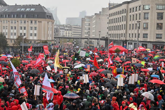 Strike in Belgium disrupts transport BRUSSELS, BELGIUM - OCTOBER 9: Demonstrators carrying trade union flags gather in a central square in Brussels, Belgium on October 9, 2026, during a nationwide strike protesting proposed federal austerity measures and public spending cuts. Organized by major trade union confederations ABVV-FGTB and ACV-CSC, the mass rally coincided with severe transportation disruptions across the country, including approximately 140 flight cancellations at Brussels Airport. Dursun Aydemir Anadolu Brussels Belgium. Editorial use only. Please get in touch for any other usage.  Copyright: x2026xAnadoluxDursunxAydemirx