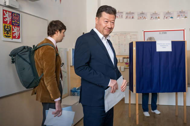 The two-day elections to municipal assemblies started in the Czech Republic together with the first round of the elections to one-third of the Senate, on October 9, 2026. On the photo comes to vote Tomio Okamura, chairman of the SPD and Speaker of the Chamber of Deputies, in Prague, Czech Republic. (CTKxPhoto OndrejxDeml) CTKPhotoP2026100905220  CTKPhotoP2026100905220