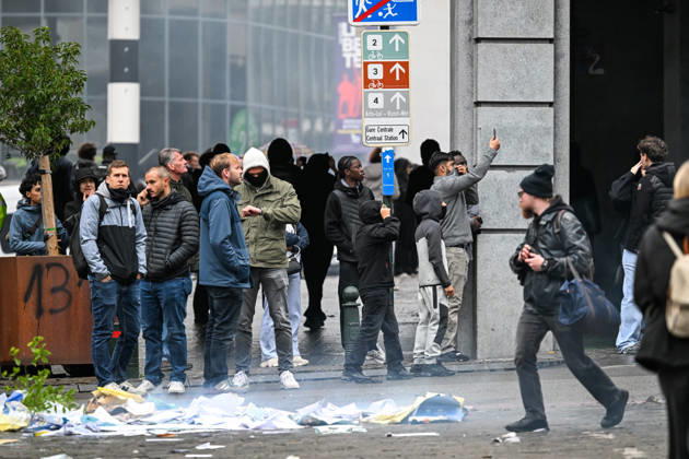 Violent student protests merge with a trade union demonstration near Mont des Arts in Brussels, Belgium, on 9 October 2026. Clashes and disorder unfold as student protesters join the union-led mobilisation in the Belgian capital.