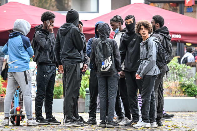 Violent student protests merge with a trade union demonstration near Mont des Arts in Brussels, Belgium, on 9 October 2026. Clashes and disorder unfold as student protesters join the union-led mobilisation in the Belgian capital.