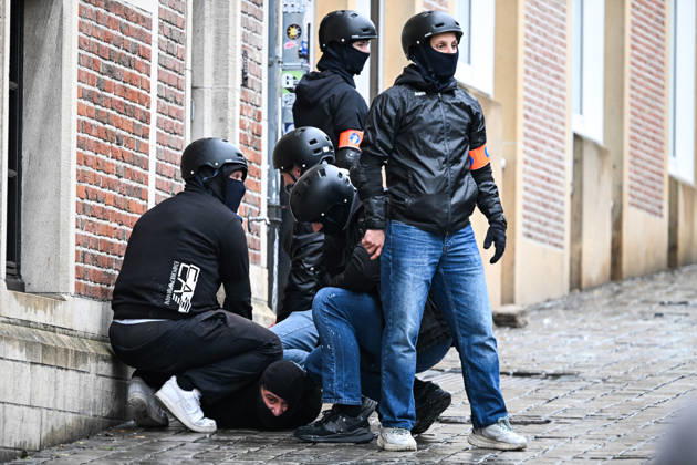 Violent student protests merge with a trade union demonstration near Mont des Arts in Brussels, Belgium, on 9 October 2026. Clashes and disorder unfold as student protesters join the union-led mobilisation in the Belgian capital.