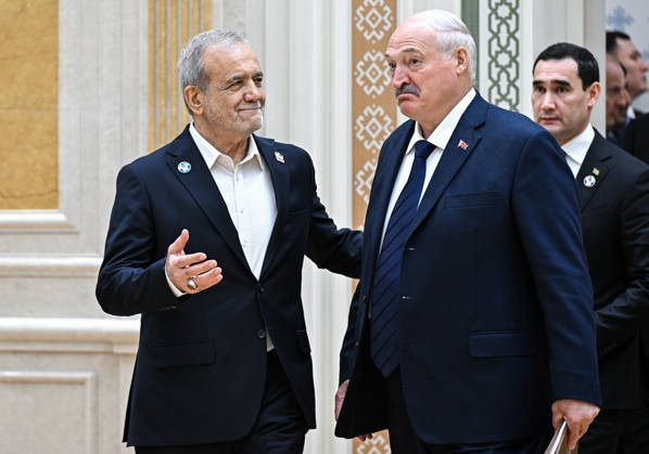TURKMENISTAN, BALKAN PROVINCE - OCTOBER 9, 2026: Iran™s President Masoud Pezeshkian, Belarus President Alexander Lukashenko, and Turkmenistan s President Serdar Berdymukhammedov (L-R) ahead of an expanded meeting of the CIS Council of Heads of State in Turkmenbashi Turkmenistan  - ZUMAt113 20261009_zaa_t113_485 Copyright: xSergeixBobylevx