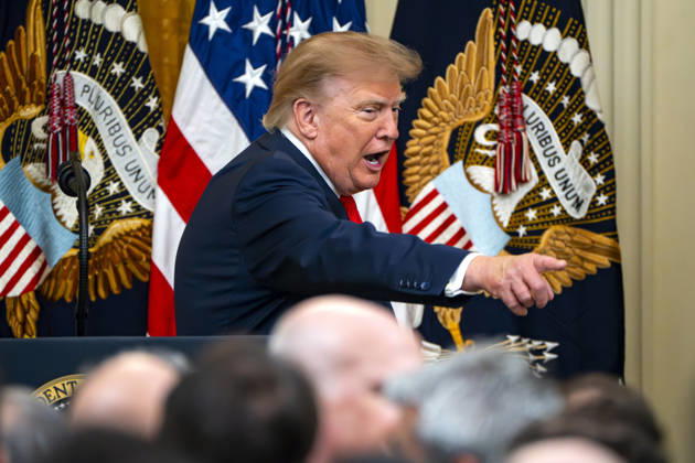 President Donald Trump hosts an event honoring Christopher Columbus in the East Room of the White House in Washington, DC Friday, October 9, 2026. The event highlighted the 13-foot reconstructed statue of Columbus installed outside the Eisenhower Executive Office Building in March after demonstrators in Baltimore threw into the harbor on July 4, 2020.  WAP20261009331 BONNIExCASH