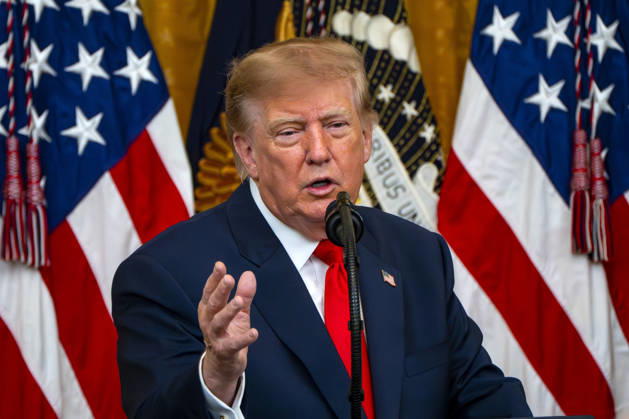President Donald Trump hosts an event honoring Christopher Columbus in the East Room of the White House in Washington, DC Friday, October 9, 2026. The event highlighted the 13-foot reconstructed statue of Columbus installed outside the Eisenhower Executive Office Building in March after demonstrators in Baltimore threw into the harbor on July 4, 2020.  WAP20261009318 BONNIExCASH