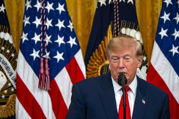 President Donald Trump hosts an event honoring Christopher Columbus in the East Room of the White House in Washington, DC Friday, October 9, 2026. The event highlighted the 13-foot reconstructed statue of Columbus installed outside the Eisenhower Executive Office Building in March after demonstrators in Baltimore threw into the harbor on July 4, 2020.  WAP20261009322 BONNIExCASH
