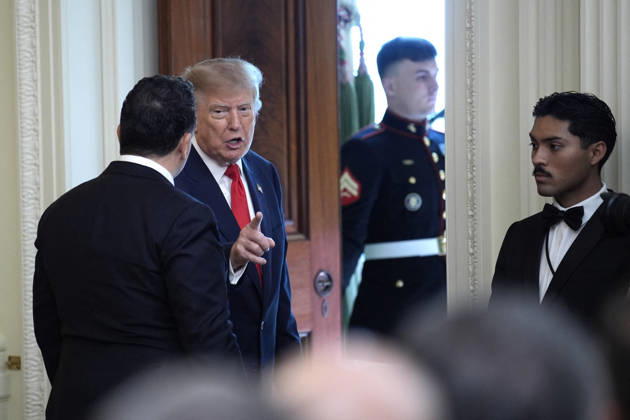 Donald Trump on Columbus Day celebration - Washington US President Donald Trump departs after a Columbus Day celebration in the East Room in Washington on October 9, 2026. Photo by Yuri Gripas ABACAPRESS.COM Washington DC United States  Copyright: xGripasxYuri ABACAx