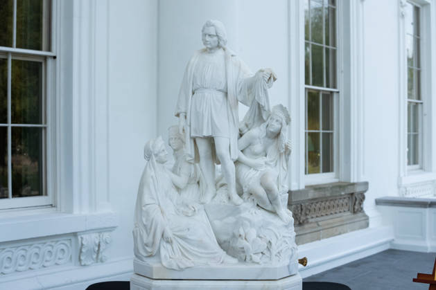 A statue of Christopher Columbus is on display ahead of its permanent relocation to the Rose Garden at the White House in Washington, DC Friday, October 9, 2026.  WASP20261009124 AaronxSchwartz