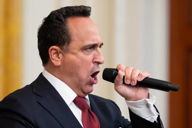 Singer Christopher Maccio performs during an event in the East Room of the White House in Washington, DC on Friday, Oct. 9, 2026. Trump is hosting a Columbus Day celebration.  WASP20261009130 AaronxSchwartz