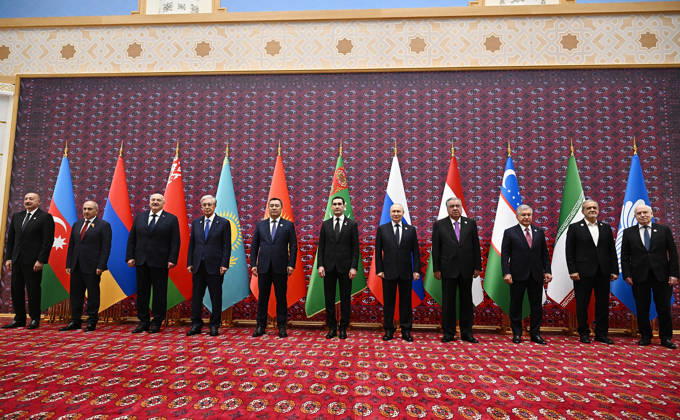 (L-R) Azerbaijani President Ilham Aliyev, Armenian Prime Minister Nikol Pashinyan, Belarusian President Aleksandr Lukashenko, Kazakh President Kassym-Jomart Tokayev, Kyrgyz President Sadyr Japarov, host Turkmen President Serdar Berdimuhamedov, Russian President Vladimir Putin, Tajik President Emomali Rahmon, Uzbek President Shavkat Mirziyoyev, guest of honor Iranian President Masoud Pezeshkian, and CIS Secretary-General Sergey Lebedev pose for an official family photograph during the Commonwealth of Independent States (CIS) Council of Heads of State summit in the Awaza National Tourist Zone near Turkmenbashi, Turkmenistan on Friday, October 9, 2026. TUR2026100905 KremlinxPressxOffice