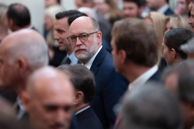 Russell Vought, Director, Office of Management and Budget (OMB) looks on as United States President Donald J Trump hosts a Columbus Day Celebration in the East Room of the White House in Washington, DC, USA on Friday, October 8, 2026. Copyright: xAaronxSchwartz PoolxviaxCNPx MediaPunchx