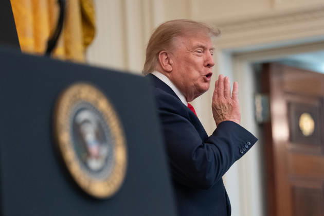 United States President Donald J Trump makes remarks as he hosts a Columbus Day Celebration in the East Room of the White House in Washington, DC, USA on Friday, October 8, 2026. Copyright: xAaronxSchwartz PoolxviaxCNPx MediaPunchx