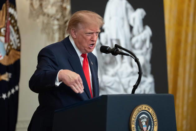 October 9, 2026, Washington, District Of Columbia, USA: United States President Donald J Trump makes remarks as he hosts a Columbus Day Celebration in the East Room of the White House in Washington, DC, USA on Friday, October 8, 2026 Washington USA - ZUMAs152 20261009_faa_s152_034 Copyright: xAaronxSchwartz-PoolxviaxCNPx