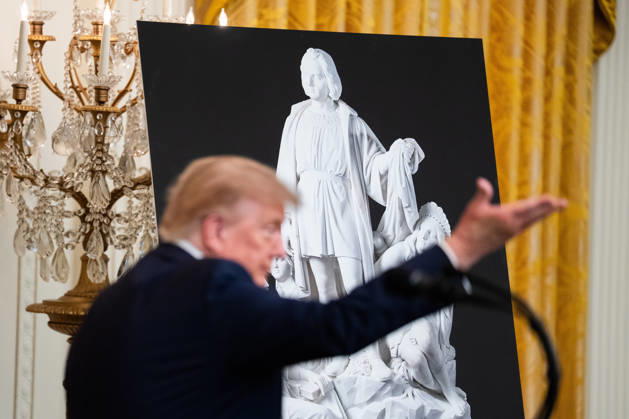 October 9, 2026, Washington, District Of Columbia, USA: United States President Donald J Trump makes remarks in front of a poster of a statue of Christopher Columbus as he hosts a Columbus Day Celebration in the East Room of the White House in Washington, DC, USA on Friday, October 8, 2026 Washington USA - ZUMAs152 20261009_faa_s152_053 Copyright: xAaronxSchwartz-PoolxviaxCNPx