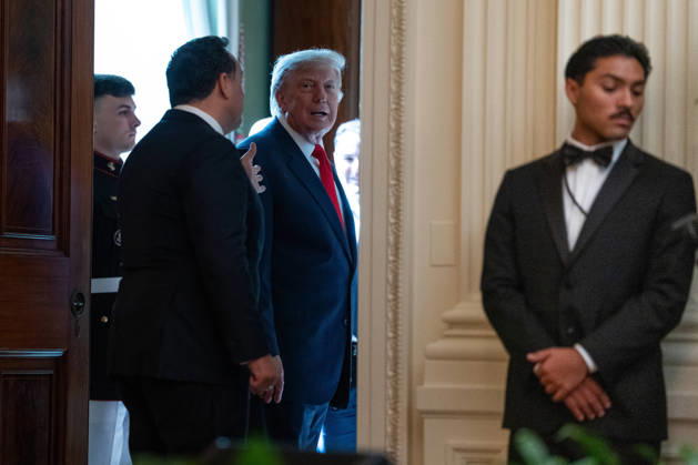 October 9, 2026, Washington, District Of Columbia, USA: United States President Donald J Trump and singer Christopher Macchio depart a Columbus Day Celebration in the East Room of the White House in Washington, DC, USA on Friday, October 8, 2026 Washington USA - ZUMAs152 20261009_faa_s152_058 Copyright: xAaronxSchwartz-PoolxviaxCNPx