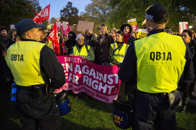 October 9, 2026, Bristol, Bristol, UK: Bristol, UK. Bristol Rises far-right demo and counter-protest (pictured) in city centre. Bristol Rises have called their protest after some of their members were at the centre of a disturbance outside the main Bristol University building on Monday. A counter-protest has been called by a coalition of anti-racism groups. Police have a dispersal order in the centre and said anyone in either protest wearing a face covering may be arrested or prosecuted under recent new legal powers. Bristol UK  - ZUMAl94_ 20261009_zaf_l94_003 Copyright: xSimonxChapmanx