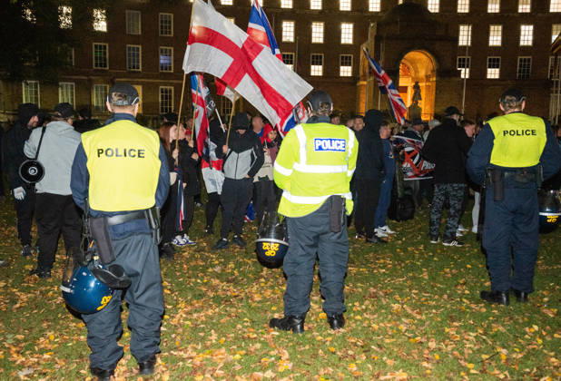October 9, 2026, Bristol, Bristol, UK: Bristol, UK. Bristol Rises far-right demo (pictured) and counter-protest in city centre. Bristol Rises have called their protest after some of their members were at the centre of a disturbance outside the main Bristol University building on Monday. A counter-protest has been called by a coalition of anti-racism groups. Police have a dispersal order in the centre and said anyone in either protest wearing a face covering may be arrested or prosecuted under recent new legal powers. Bristol UK  - ZUMAl94_ 20261009_zaf_l94_006 Copyright: xSimonxChapmanx