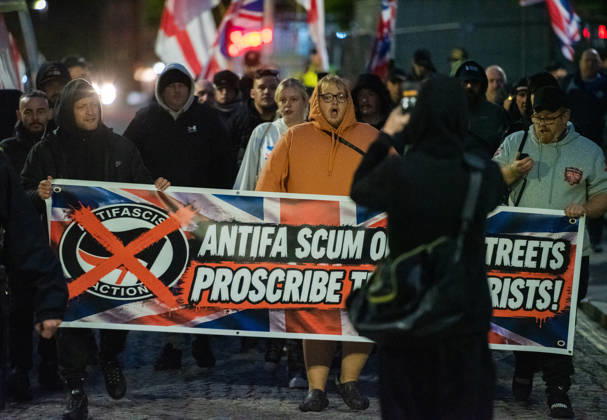 October 9, 2026, Bristol, Bristol, UK: Bristol, UK. Bristol Rises far-right demo (pictured) and counter-protest in city centre. Bristol Rises have called their protest after some of their members were at the centre of a disturbance outside the main Bristol University building on Monday. A counter-protest has been called by a coalition of anti-racism groups. Police have a dispersal order in the centre and said anyone in either protest wearing a face covering may be arrested or prosecuted under recent new legal powers. Bristol UK  - ZUMAl94_ 20261009_zaf_l94_007 Copyright: xSimonxChapmanx