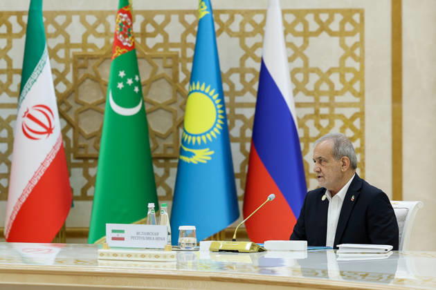 October 9, 2026, Turkmenbashi, Turkmenistan: Iranian President Masoud Pezeshkian speaks during the Caspian Environmental Summit in the Avaza National Tourist Zone in Turkmenbashi, Turkmenistan, on October 9, 2026. The first Caspian Environmental Summit, chaired by Turkmen President Serdar Berdimuhamedov, brought together the presidents of Azerbaijan, Iran, Kazakhstan and Russia. The leaders adopted a joint decision aimed at strengthening five-party cooperation on falling Caspian Sea levels, while Pezeshkian called for joint scientific research, data sharing, coordinated action and stronger implementation of the Tehran Convention. Turkmenbashi Turkmenistan - ZUMAi98_ 20261009_zih_i98_086 Copyright: xIranianxPresidencyx