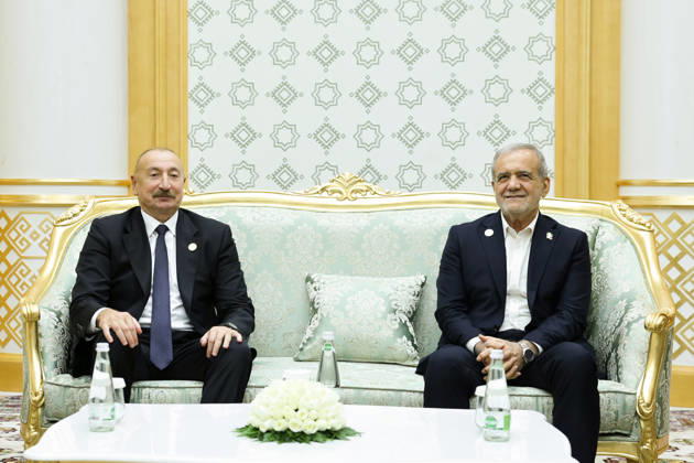 October 9, 2026, Turkmenbashi, Turkmenistan: Azerbaijani President Ilham Aliyev, left, and Iranian President Masoud Pezeshkian sit together during their bilateral meeting in Turkmenbashi, Turkmenistan, on October 9, 2026. According to Azerbaijan s presidency, the leaders reviewed recent bilateral contacts and a recent visit by an Azerbaijani delegation to Iran, said work on the Aghband-Kalaleh project had reached its final stage and discussed follow-up on agreements from their previous meeting in Bishkek. Aliyev also noted Iran s first participation as a non-member state in the CIS Plus format. Turkmenbashi Turkmenistan - ZUMAi98_ 20261009_zih_i98_089 Copyright: xIranianxPresidencyx
