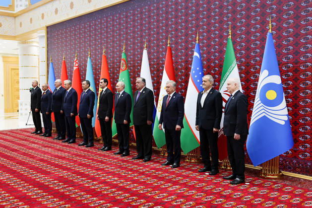 (L-R) Azerbaijani President Ilham Aliyev, Armenian Prime Minister Nikol Pashinyan, Belarusian President Aleksandr Lukashenko, Kazakh President Kassym-Jomart Tokayev, Kyrgyz President Sadyr Japarov, host Turkmen President Serdar Berdimuhamedov, Russian President Vladimir Putin, Tajik President Emomali Rahmon, Uzbek President Shavkat Mirziyoyev, guest of honor Iranian President Masoud Pezeshkian, and CIS Secretary-General Sergey Lebedev pose for an official family photograph during the Commonwealth of Independent States (CIS) Council of Heads of State summit in the Awaza National Tourist Zone near Turkmenbasy, Turkmenistan on Friday, October 9, 2026. TUR2026100922 ThexIranianxPresidency
