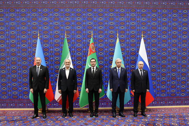 October 9, 2026, Turkmenbashi, Turkmenistan: Azerbaijani President Ilham Aliyev, Iranian President Masoud Pezeshkian, Turkmen President Serdar Berdimuhamedov, Kazakh President Kassym-Jomart Tokayev and Russian President Vladimir Putin, from left, pose for a group photograph during the Caspian Environmental Summit in the Avaza National Tourist Zone in Turkmenbashi, Turkmenistan, on October 9, 2026. The first Caspian Environmental Summit, chaired by Turkmen President Serdar Berdimuhamedov, brought together the presidents of Azerbaijan, Iran, Kazakhstan and Russia. The leaders adopted a joint decision aimed at strengthening five-party cooperation on falling Caspian Sea levels, while Pezeshkian called for joint scientific research, data sharing - ZUMAi98_ 20261009_zih_i98_080 Copyright: xIranianxPresidencyx