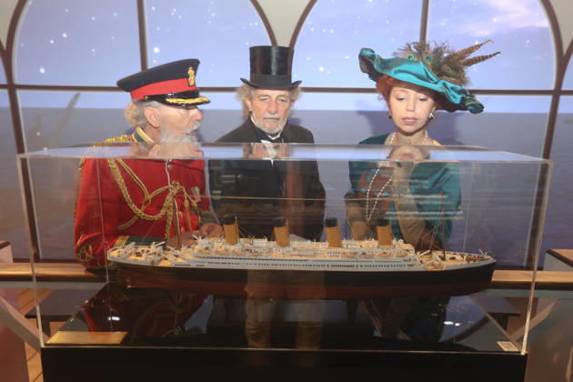 October 9, 2026, Malaga, Spain: People in Victorian period attire view a model of the Titanic for The Legend of the Titanic , as the immersive exhibition, opens in Malaga after its premiere in Madrid and gathers more than a million visitors. The most immersive Titanic arrives in Malaga with a tour of the cabins. An exhibition 360 arrives in the city with five different experiences in which virtual reality allows you to know the rooms of the ship and listen live to its musicians. The exhibition will be open to the public from October 8 to January 5. Malaga Spain  - ZUMAc161 20261009_zap_c161_030 Copyright: xLorenzoxCarnerox