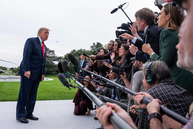 President Donald Trump speaks to members of the media on the South Lawn of the White House before boarding Marine One in Washington, DC on Friday, Oct. 9, 2026. Trump is heading to Syracuse on Friday to boost Republican gubernatorial candidate Bruce Blakeman, who is trailing Governor Kathy Hochul in polls ahead of November s election.  WASP20261009148 AaronxSchwartz