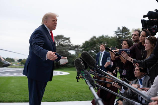 President Donald Trump speaks to members of the media on the South Lawn of the White House before boarding Marine One in Washington, DC on Friday, Oct. 9, 2026. Trump is heading to Syracuse on Friday to boost Republican gubernatorial candidate Bruce Blakeman, who is trailing Governor Kathy Hochul in polls ahead of November s election.  WASP20261009155 AaronxSchwartz